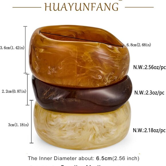 Acrylic Chunky Resin Bracelet Set 3PCS Vintage Boho Wide Bangle Jewelry - Picture 6 of 7